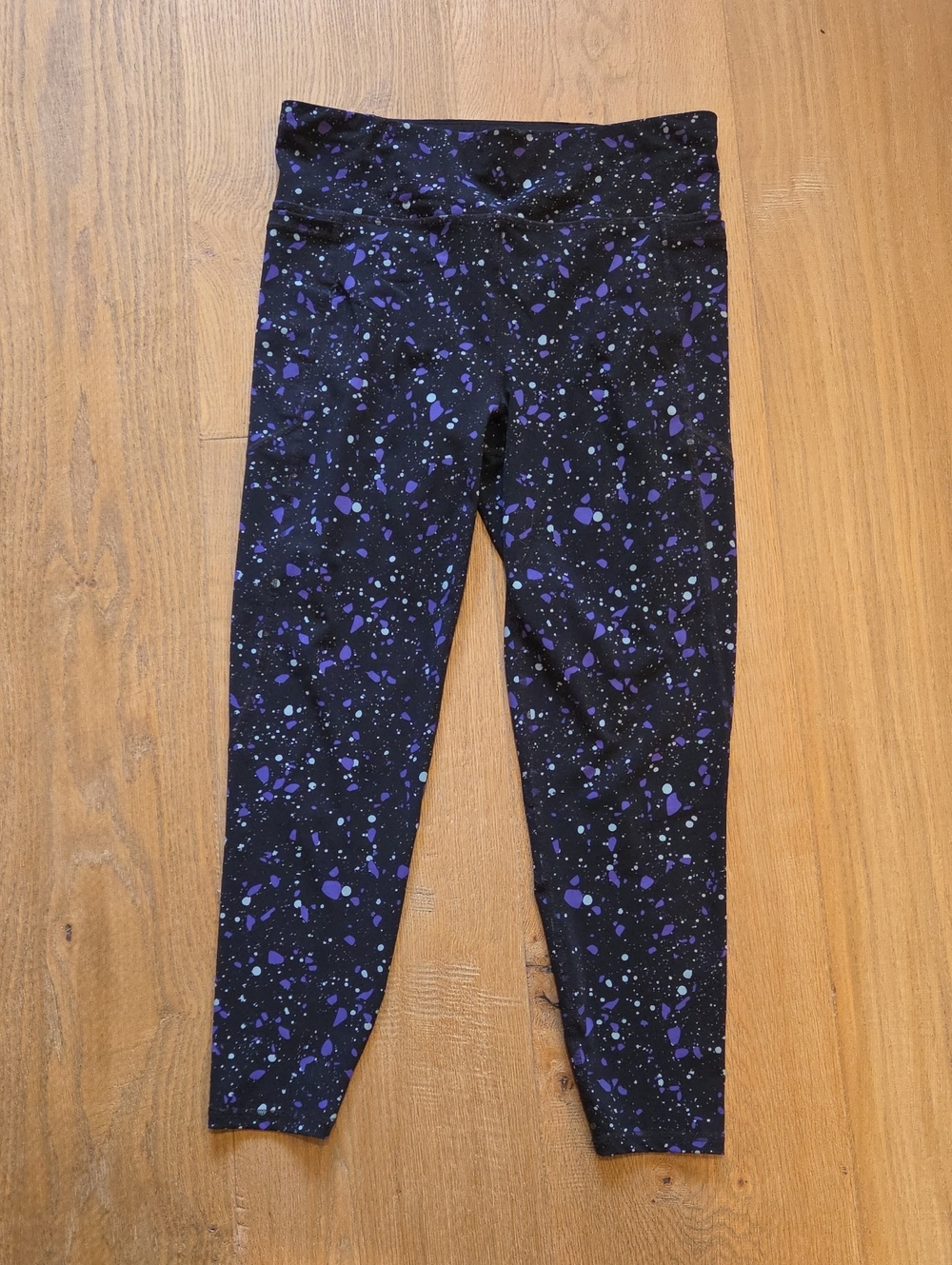 Sweaty Betty Black Leggings with Purple and Blue Splatter